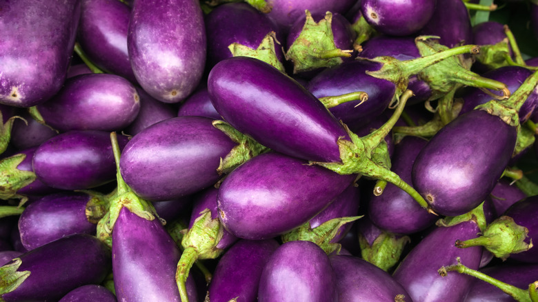 Close-up of several purple eggplants