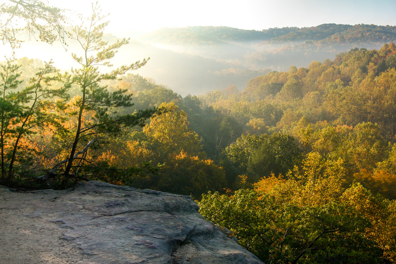 A beautiful landscape portrait of fall foliage in Hocking Hills State Park in Ohio.