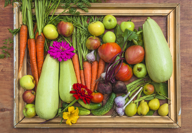 A bunch of fresh, ripe organic vegetables, fruits and flowers contained within a picture frame.