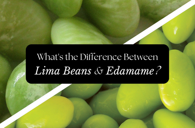 Photos of lima beans and edamame are split diagonally down the middle with white text on a black background in the middle reading: 