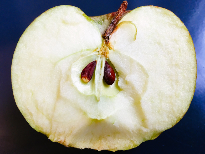 A close-up of a halved apple against a dark background.