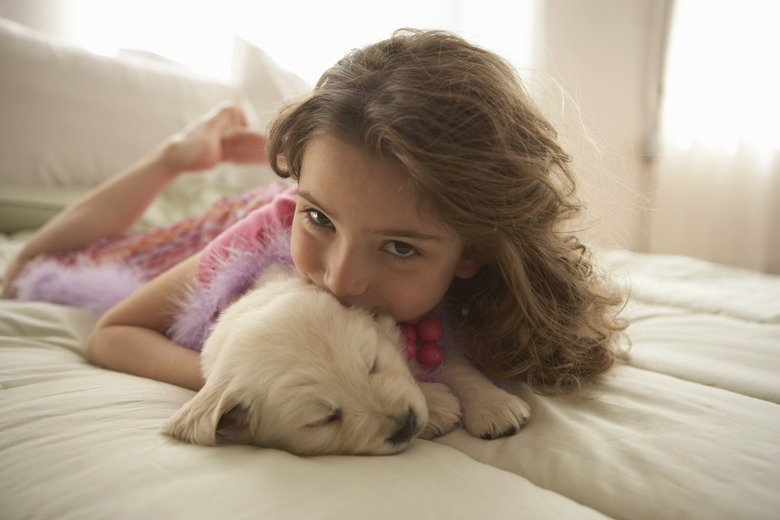 Young girl (8-10) on bed with dog, portrait