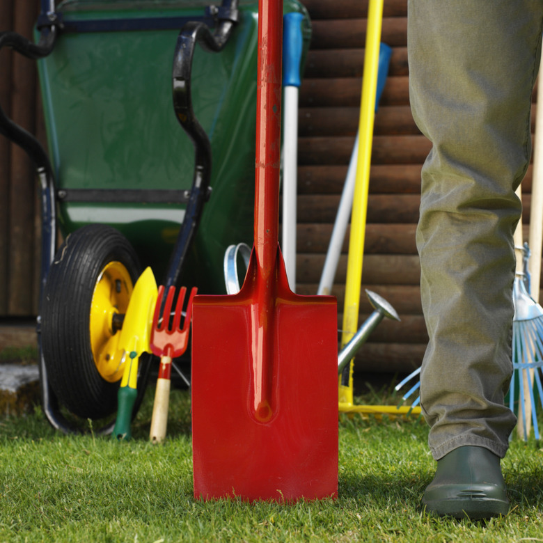 Close-up of the leg of a man standing with a shovel in a yard